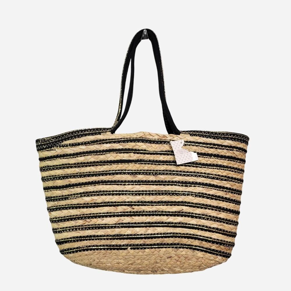 Lulla Collection Woven Black & Tan Tote Bag Gold Metallic Beach Resort Vacation